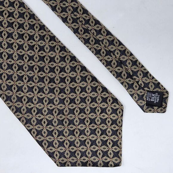GRAHAM & LOCKWOOD LONDON ENGLAND SILK TIE TAN BLACK GEOMETRIC SATIN 4" X 58" - Picture 1 of 3
